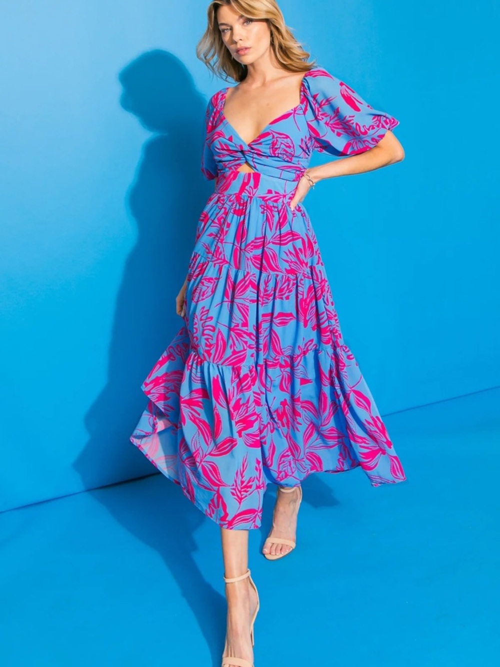 Flying Tomato Blue and Pink Puff Sleeve Sundress